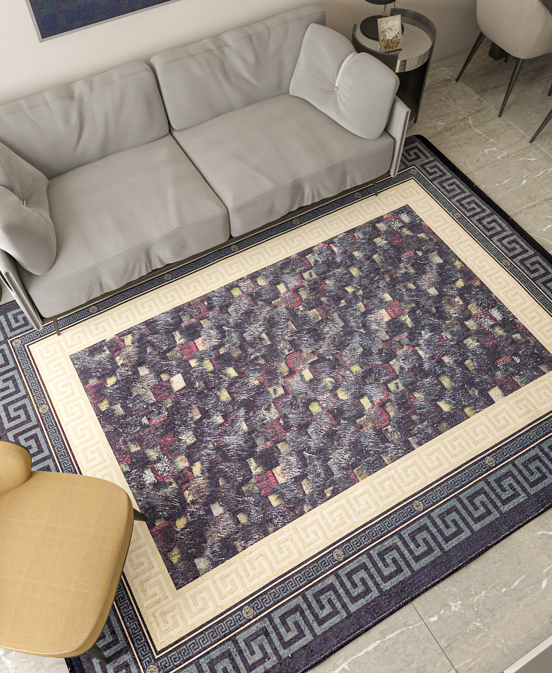 Modern Greek Key Area Rug – Black Gold Meander Border Carpet, Washable, Non-Slip