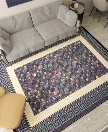 Modern Greek Key Area Rug – Black Gold Meander Border Carpet, Washable, Non-Slip