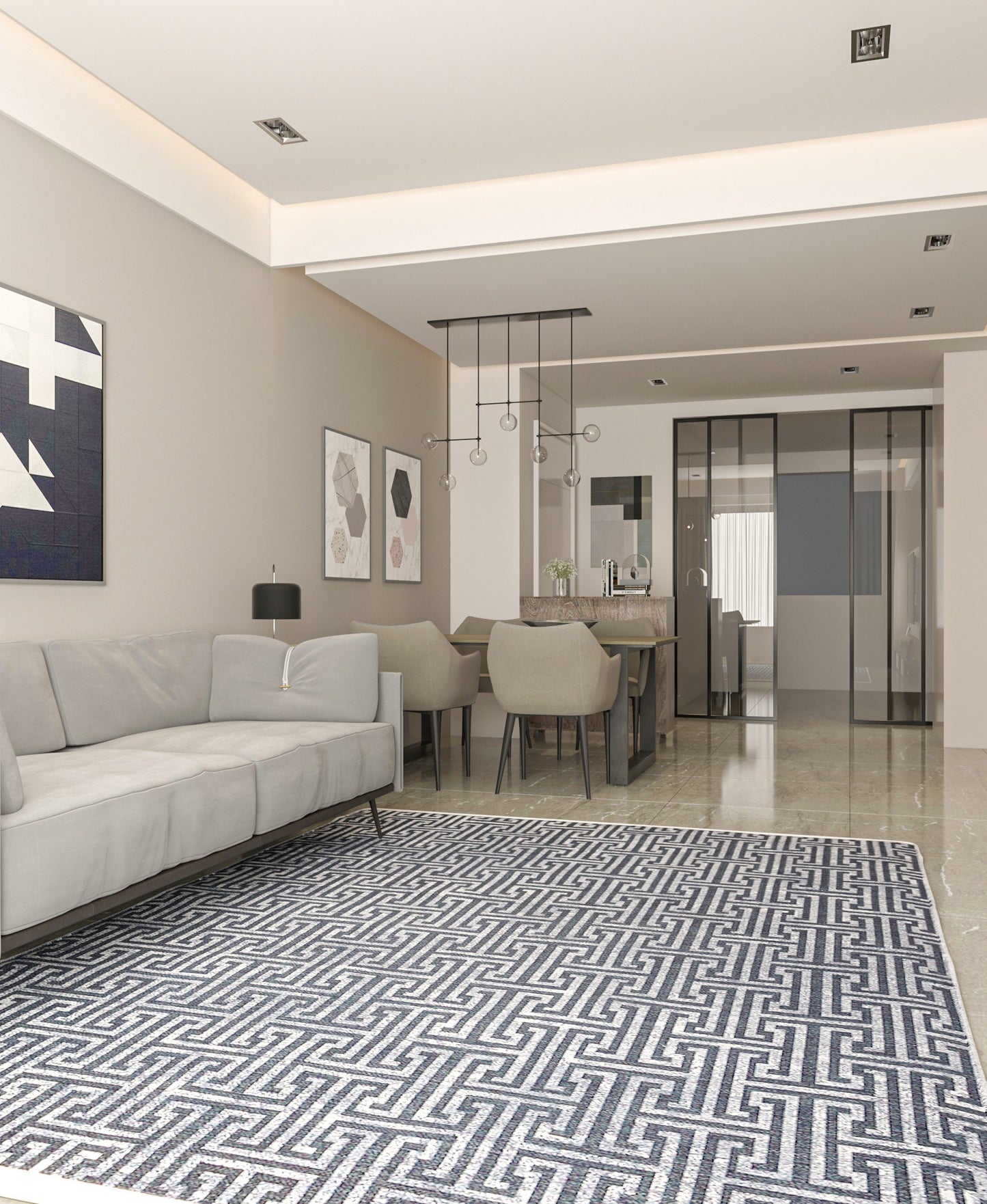 Washable Greek Key Area Rug – Navy Blue Meander Carpet, Non-Slip Low Pile