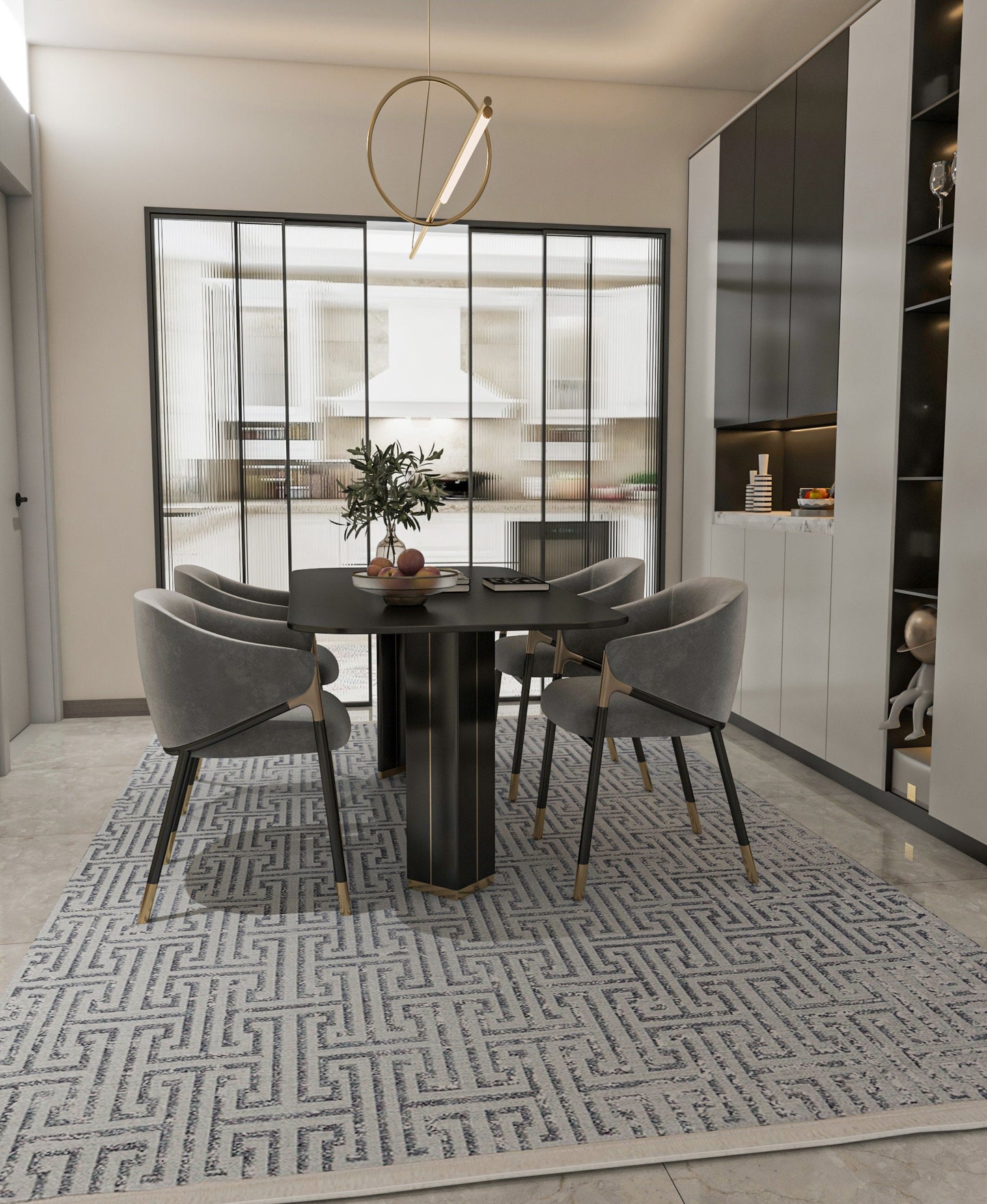 Modern Greek Key Area Rug – Gray Geometric Carpet, Minimalist Living Room Decor