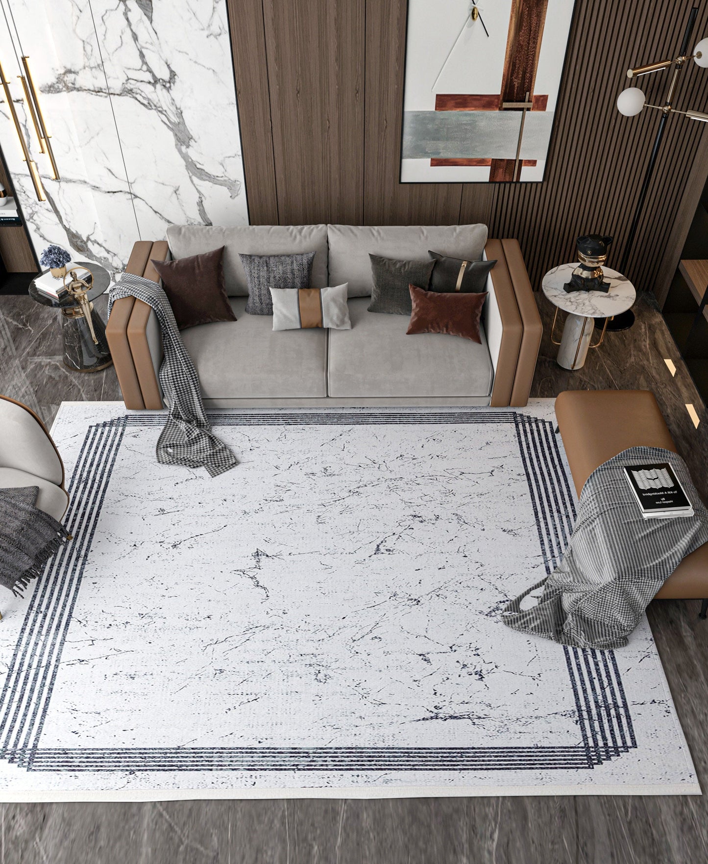 Modern Marble Washable Area Rug – Grey & White Minimalist Geometric Border Carpet