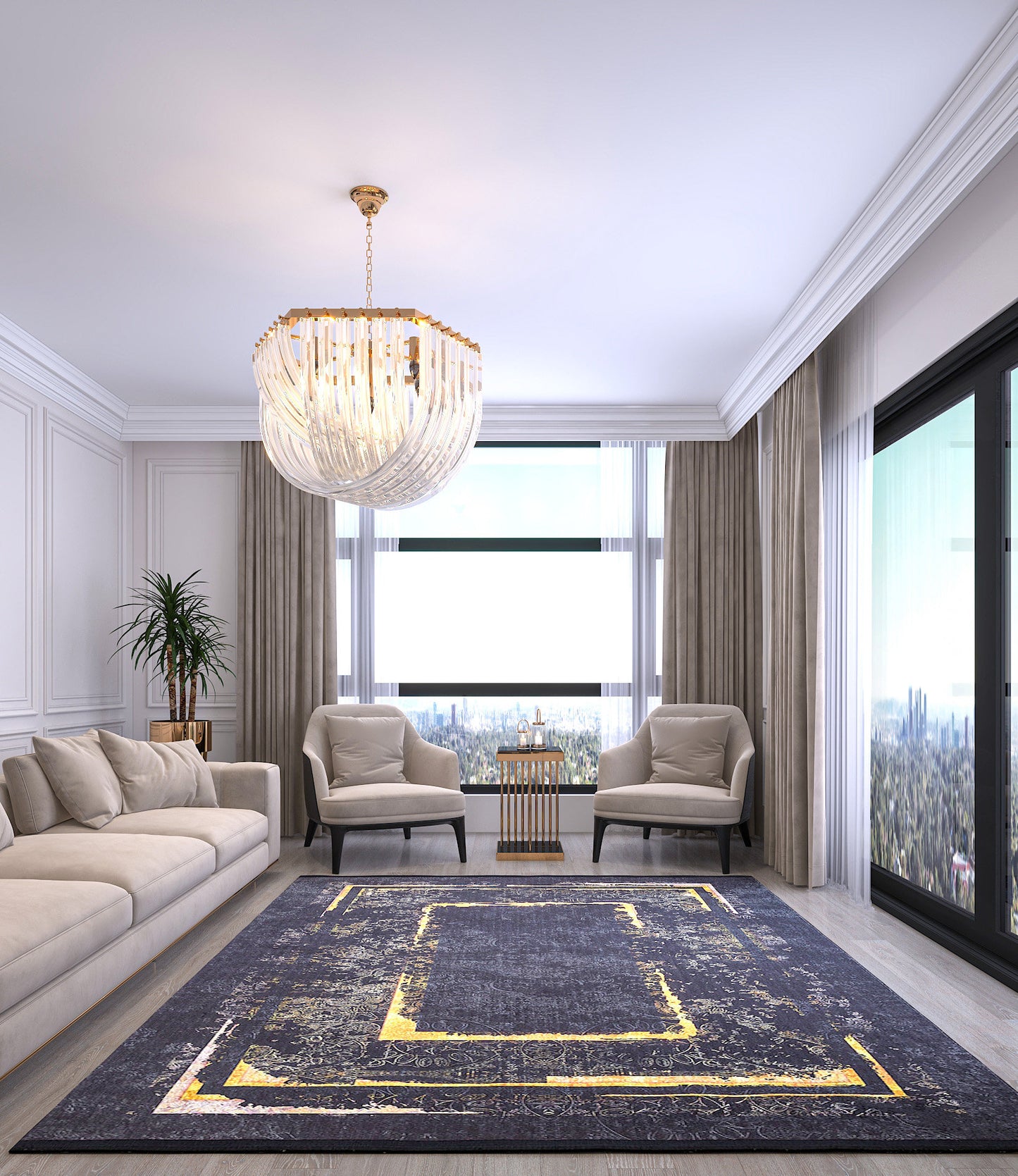 Black Gold Distressed Area Rug, Modern Geometric Border Carpet