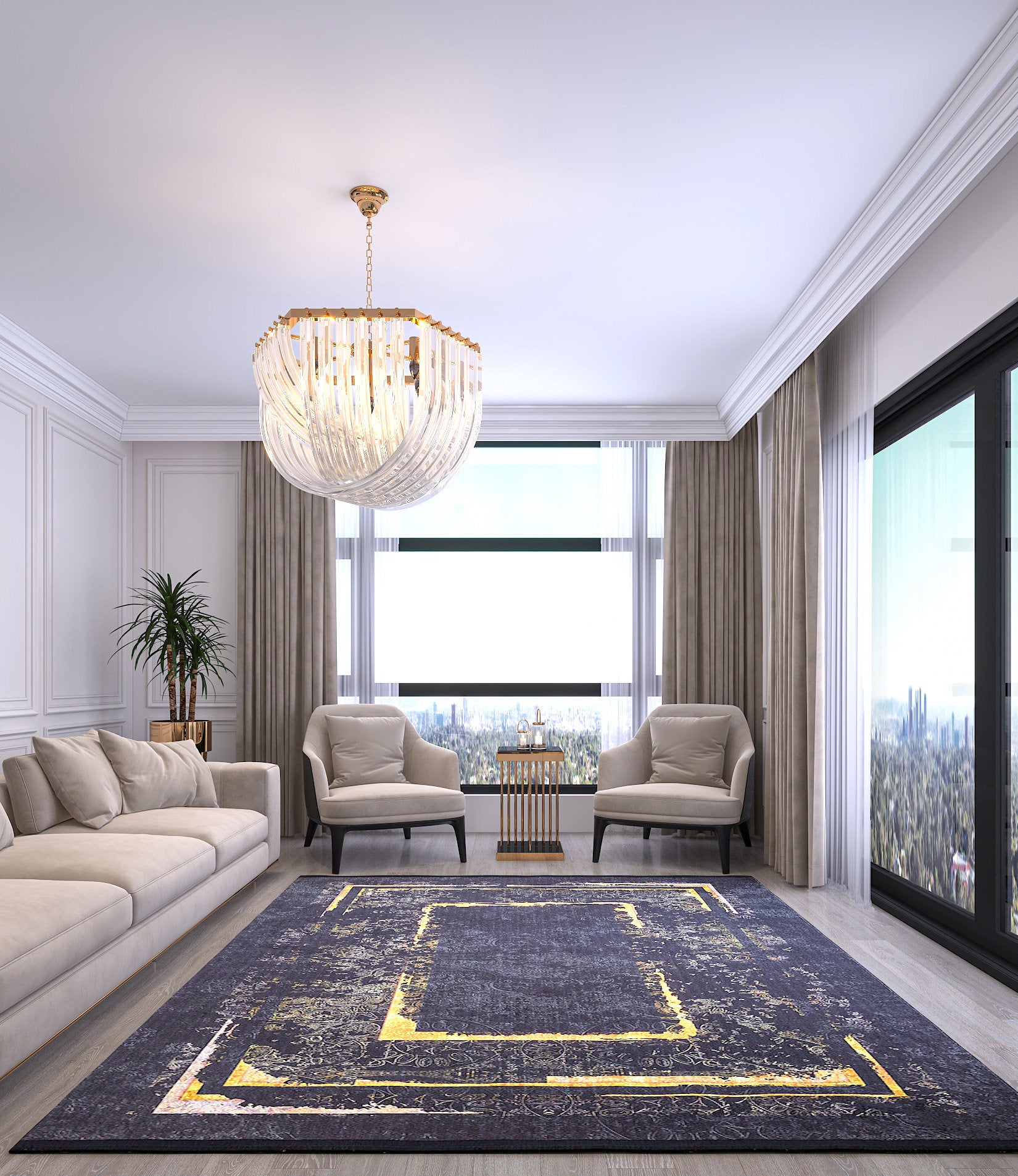Black Gold Distressed Area Rug, Modern Geometric Border Carpet