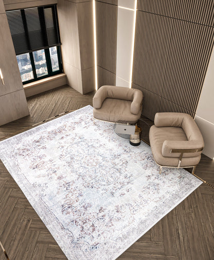 Distressed Oriental Area Rug, Blue Beige Living Room Carpet (Machine Washable)