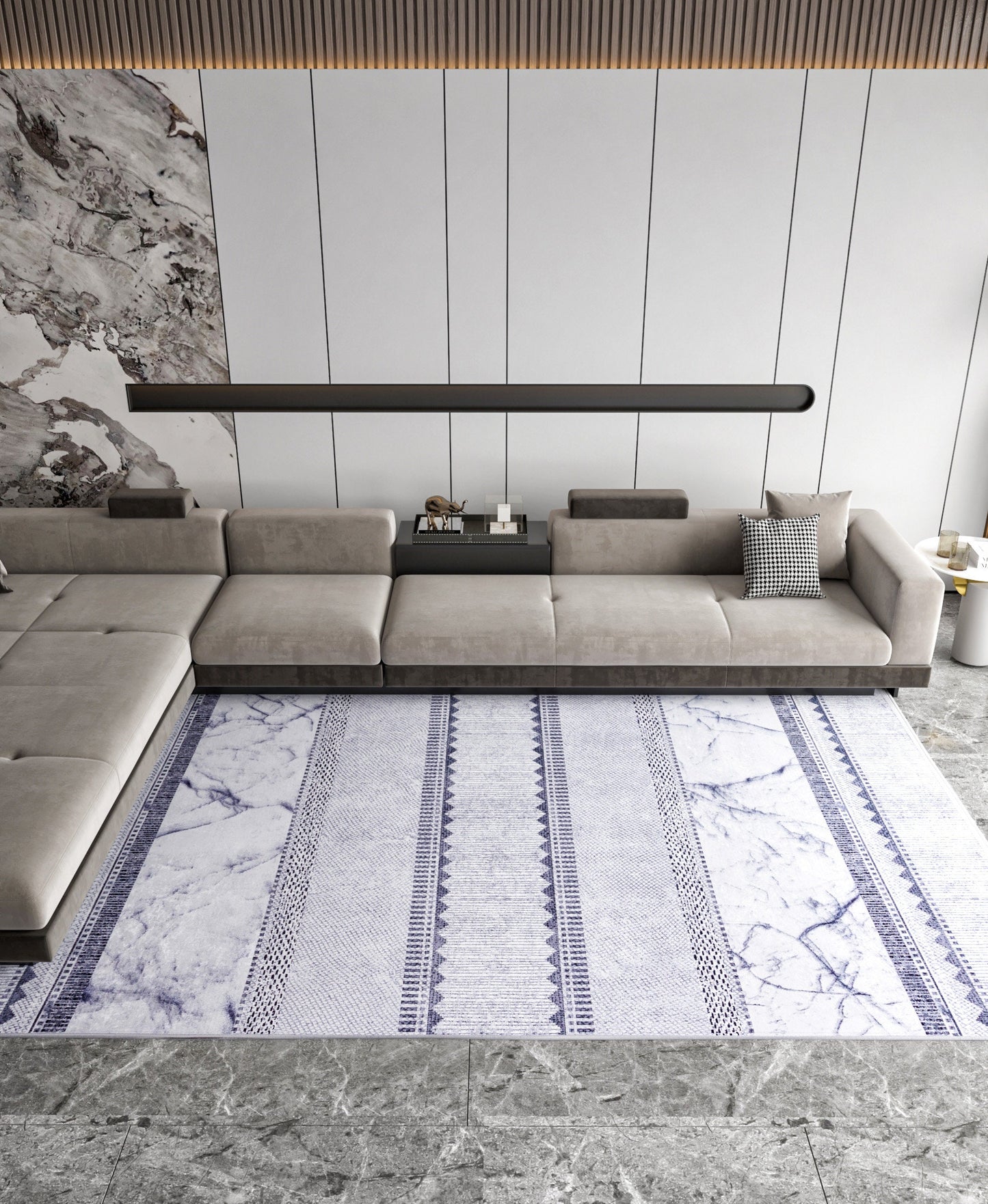 Blue Marble Striped Area Rug, Modern Abstract Coastal Living Room Mat