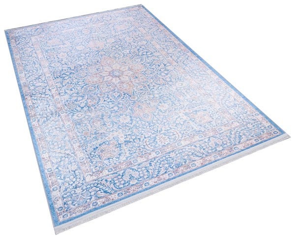 Distressed Light Blue Medallion Rug – Boho Turkish Style, Machine Washable, Non-Slip