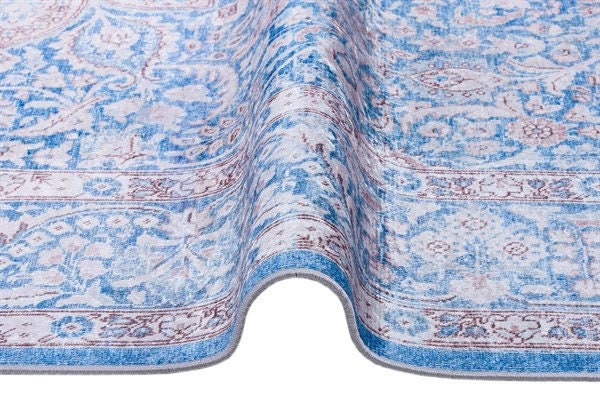 Distressed Light Blue Medallion Rug – Boho Turkish Style, Machine Washable, Non-Slip