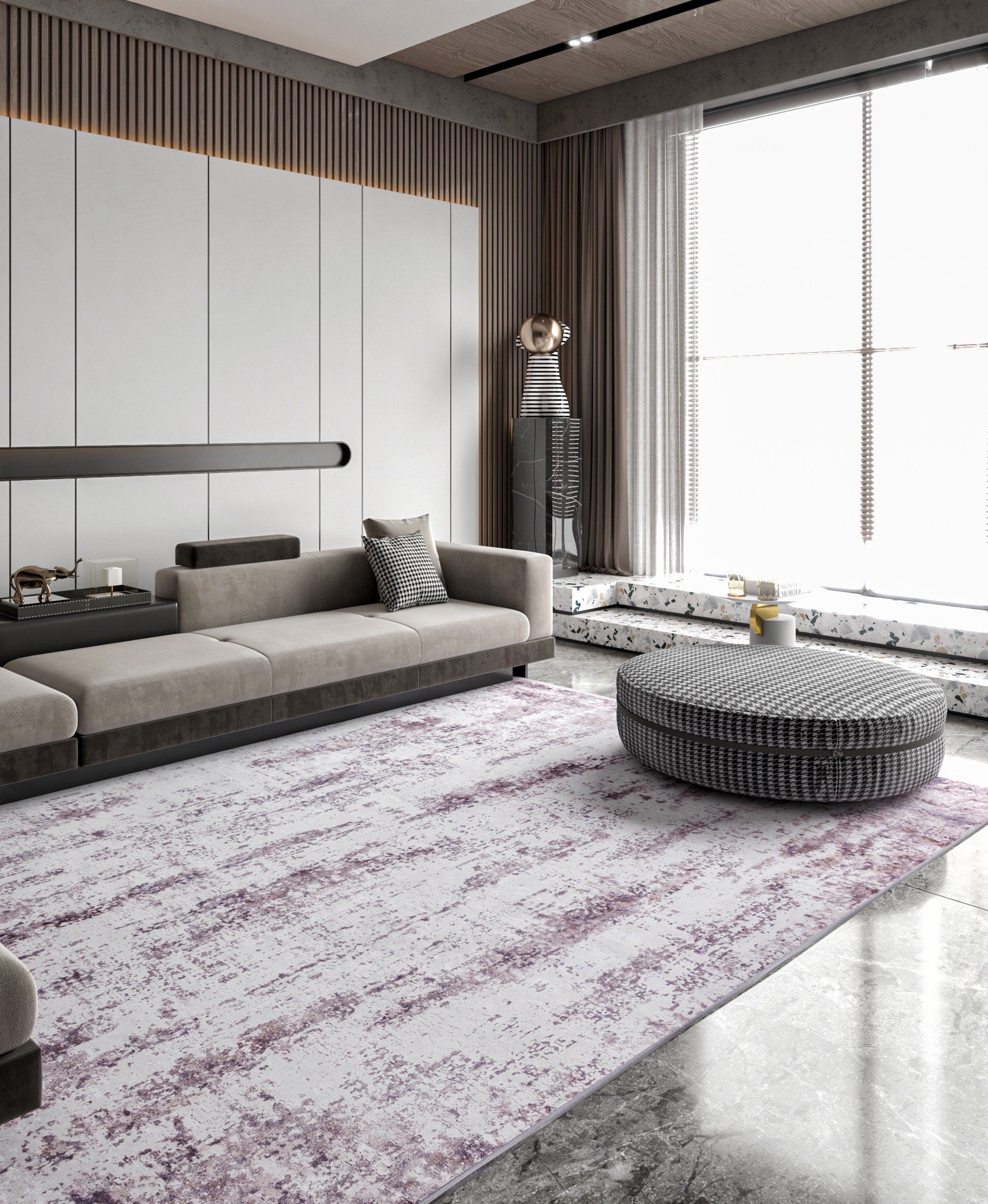 Washable Lavender Abstract Area Rug, Modern Distressed Purple Carpet (Machine Washable)