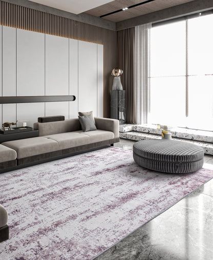 Washable Lavender Abstract Area Rug, Modern Distressed Purple Carpet (Machine Washable)