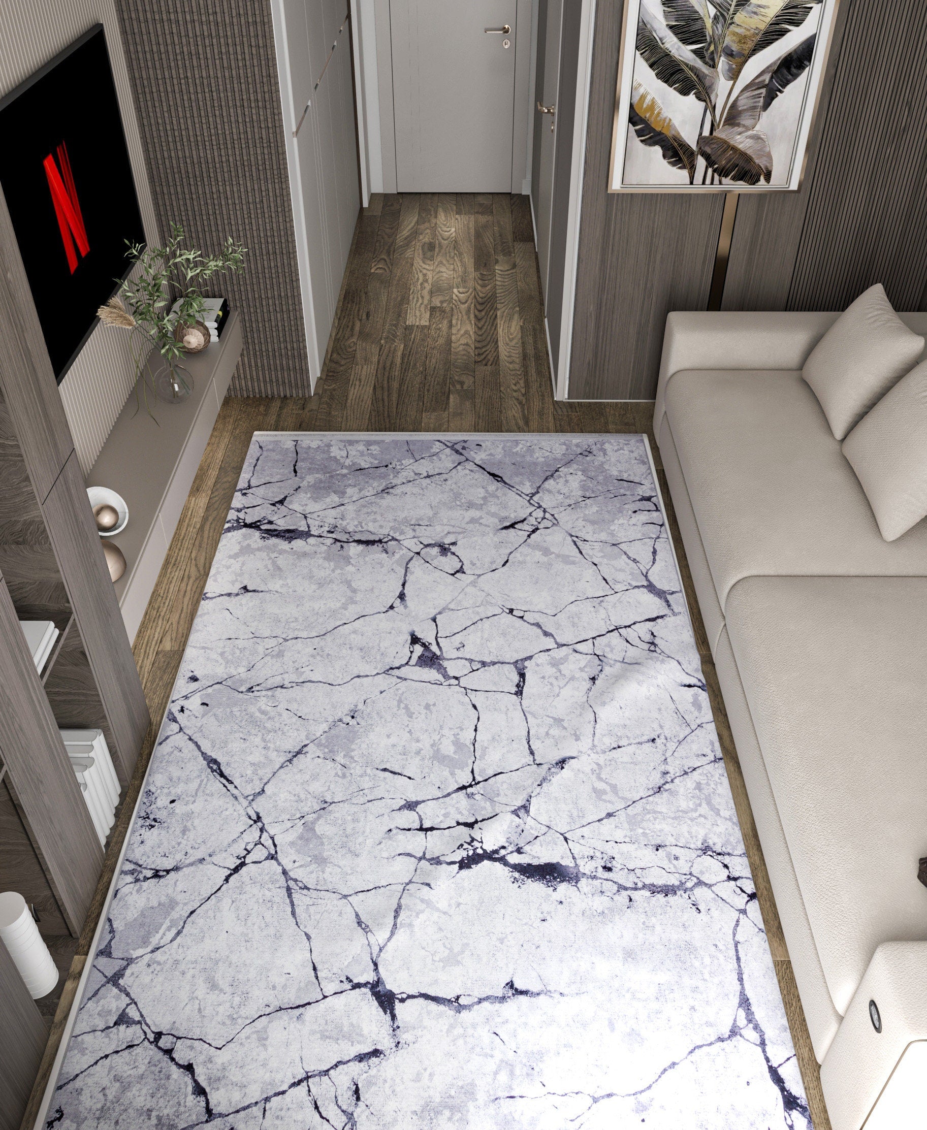 Modern Marble Area Rug – Abstract Stone Pattern, Washable Living Room Carpet