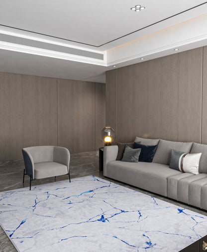 Modern Marble Area Rug – Blue Vein Abstract Carpet, Contemporary Living Room Floor Rug