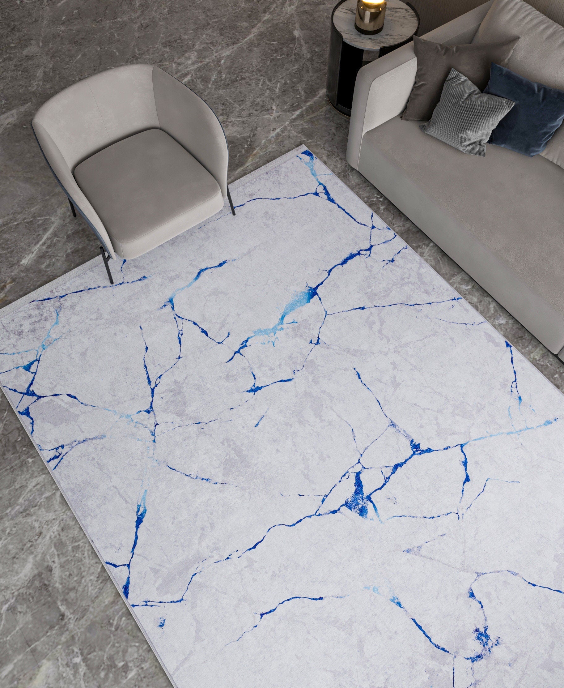 Modern Marble Area Rug – Blue Vein Abstract Carpet, Contemporary Living Room Floor Rug