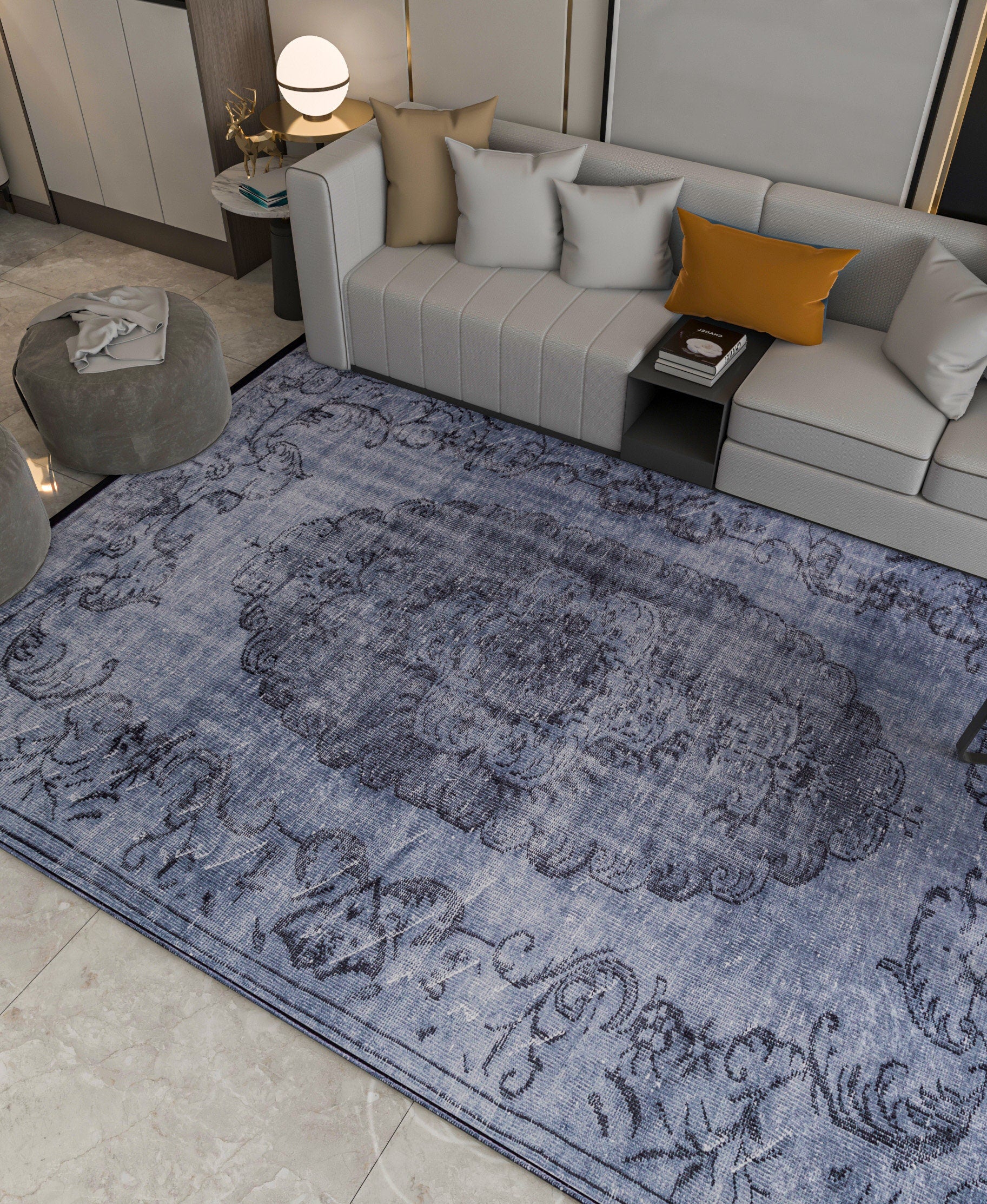 Gray Vintage Classic Medallion Rug: Washable Bohemian carpet