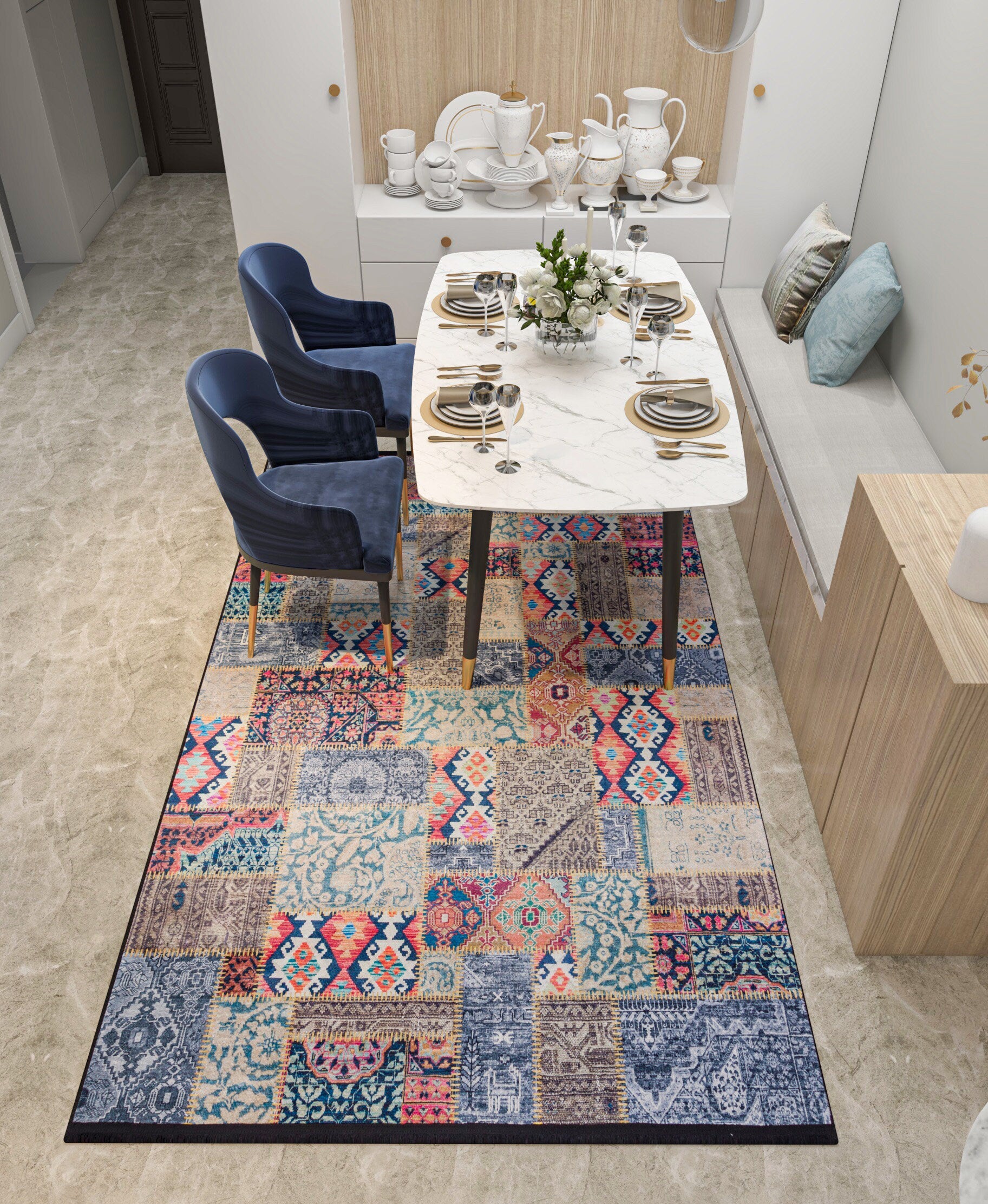 Floral Patchwork Rug: Washable Bohemian Carpet