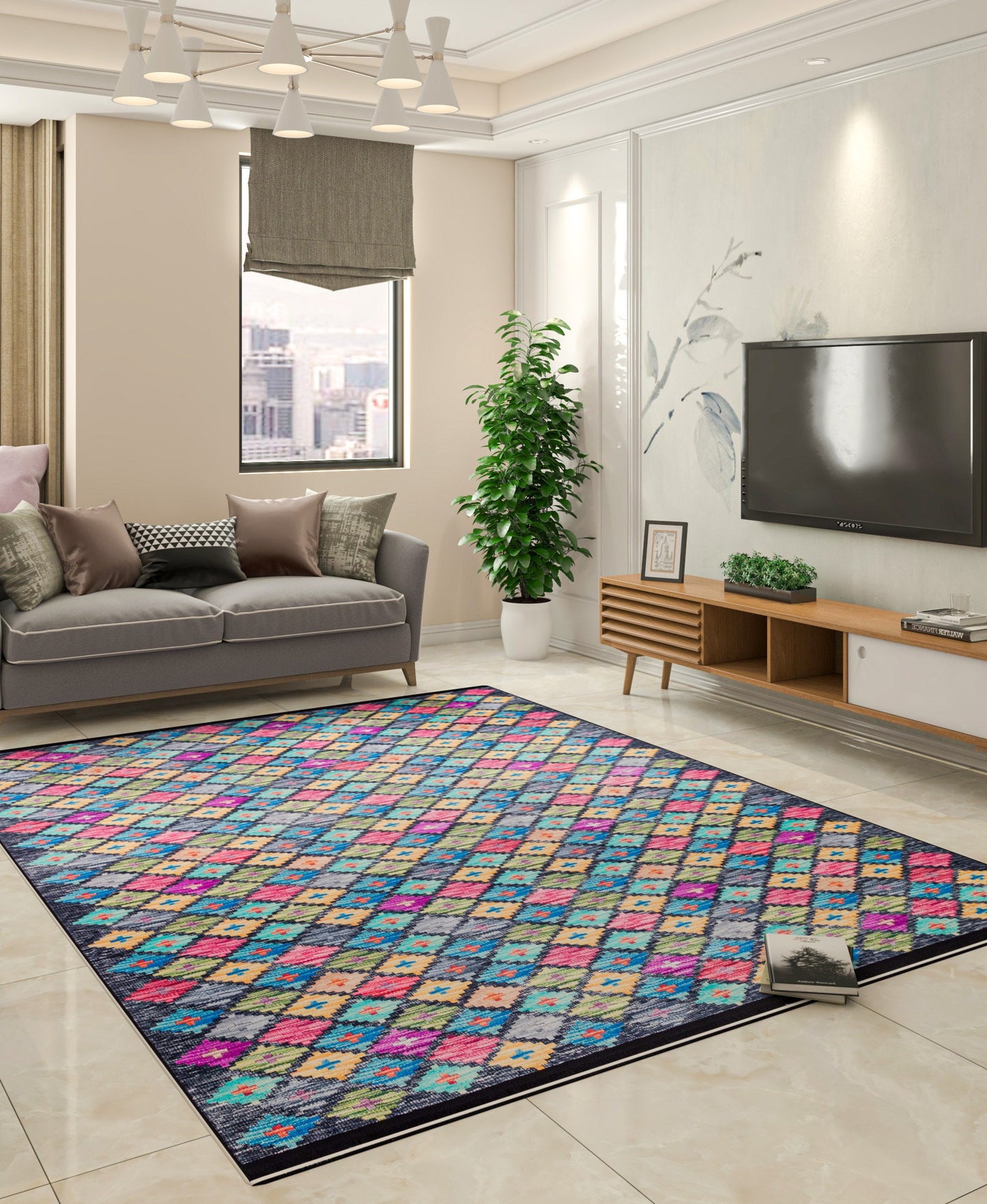 Washable Geometric Diamond Area Rug – Vibrant Boho Flatweave Carpet