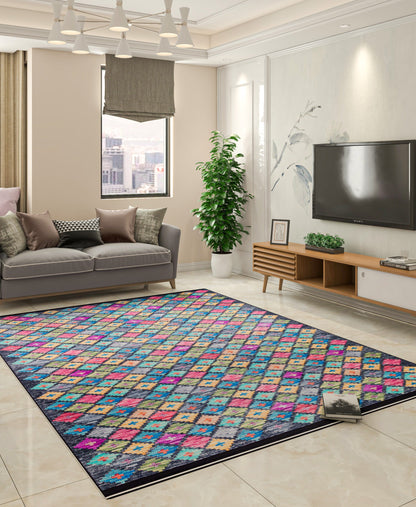 Washable Geometric Diamond Area Rug – Vibrant Boho Flatweave Carpet