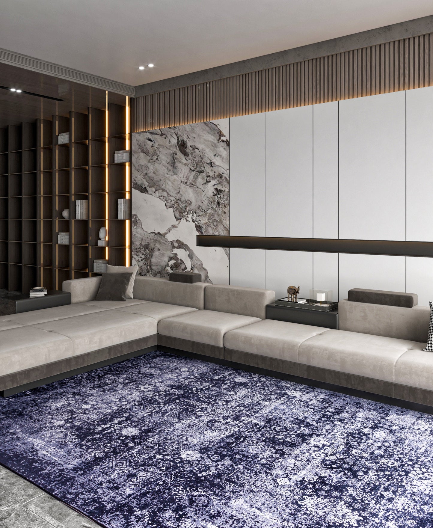 Distressed Navy Medallion Area Rug, Vintage Boho Faded Carpet, Non-Slip Living Room Runner