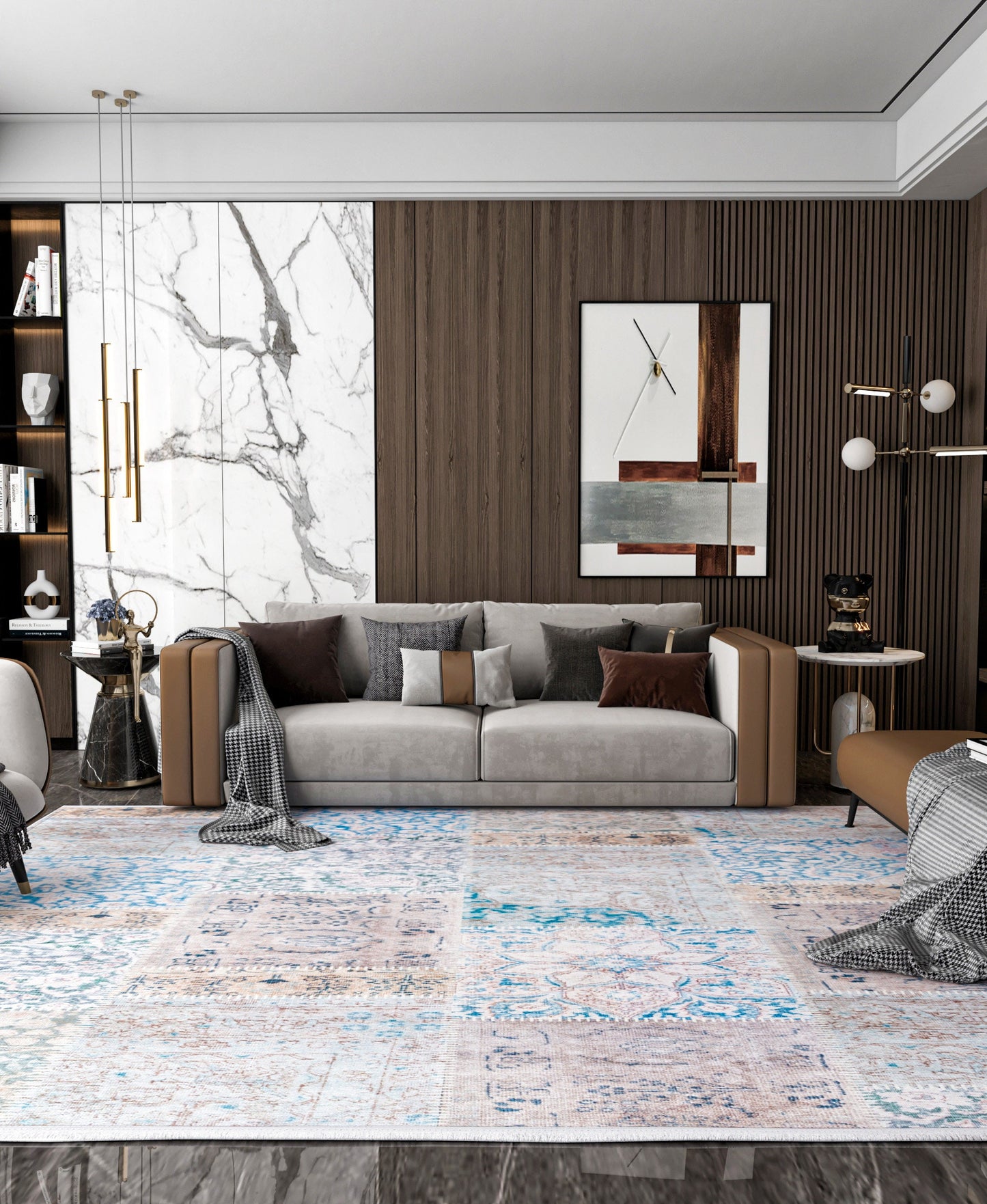 Distressed Patchwork Area Rug – Boho Persian Style, Machine Washable Carpet