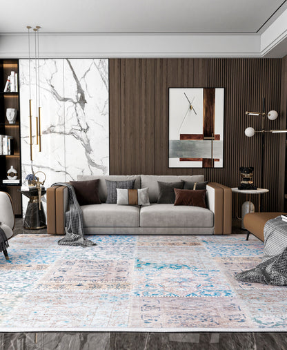 Distressed Patchwork Area Rug – Boho Persian Style, Machine Washable Carpet