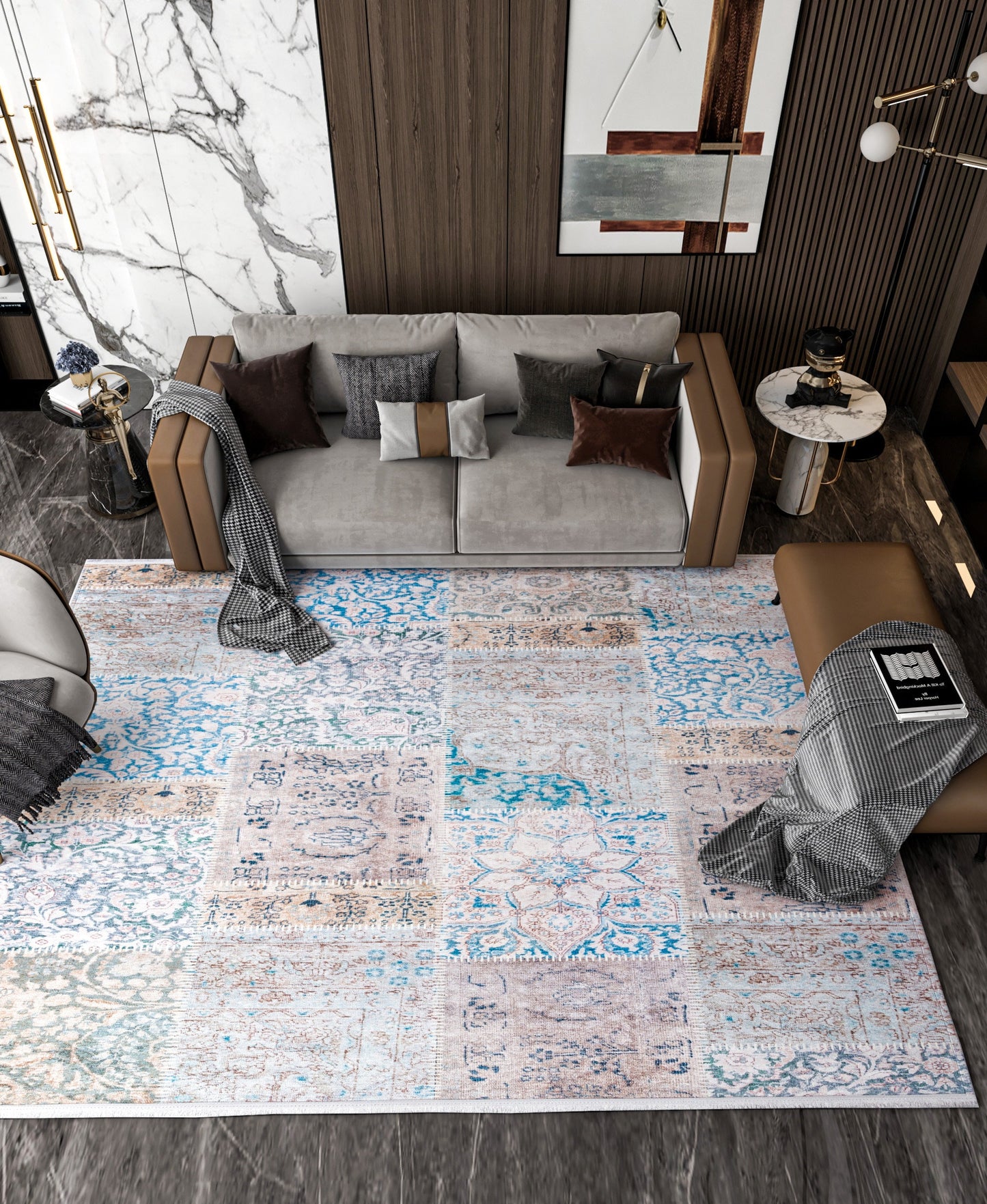 Distressed Patchwork Area Rug – Boho Persian Style, Machine Washable Carpet