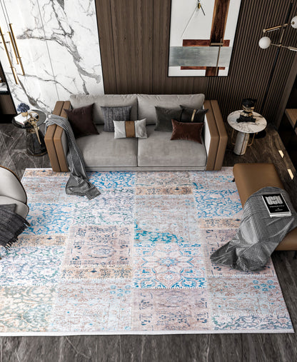 Distressed Patchwork Area Rug – Boho Persian Style, Machine Washable Carpet
