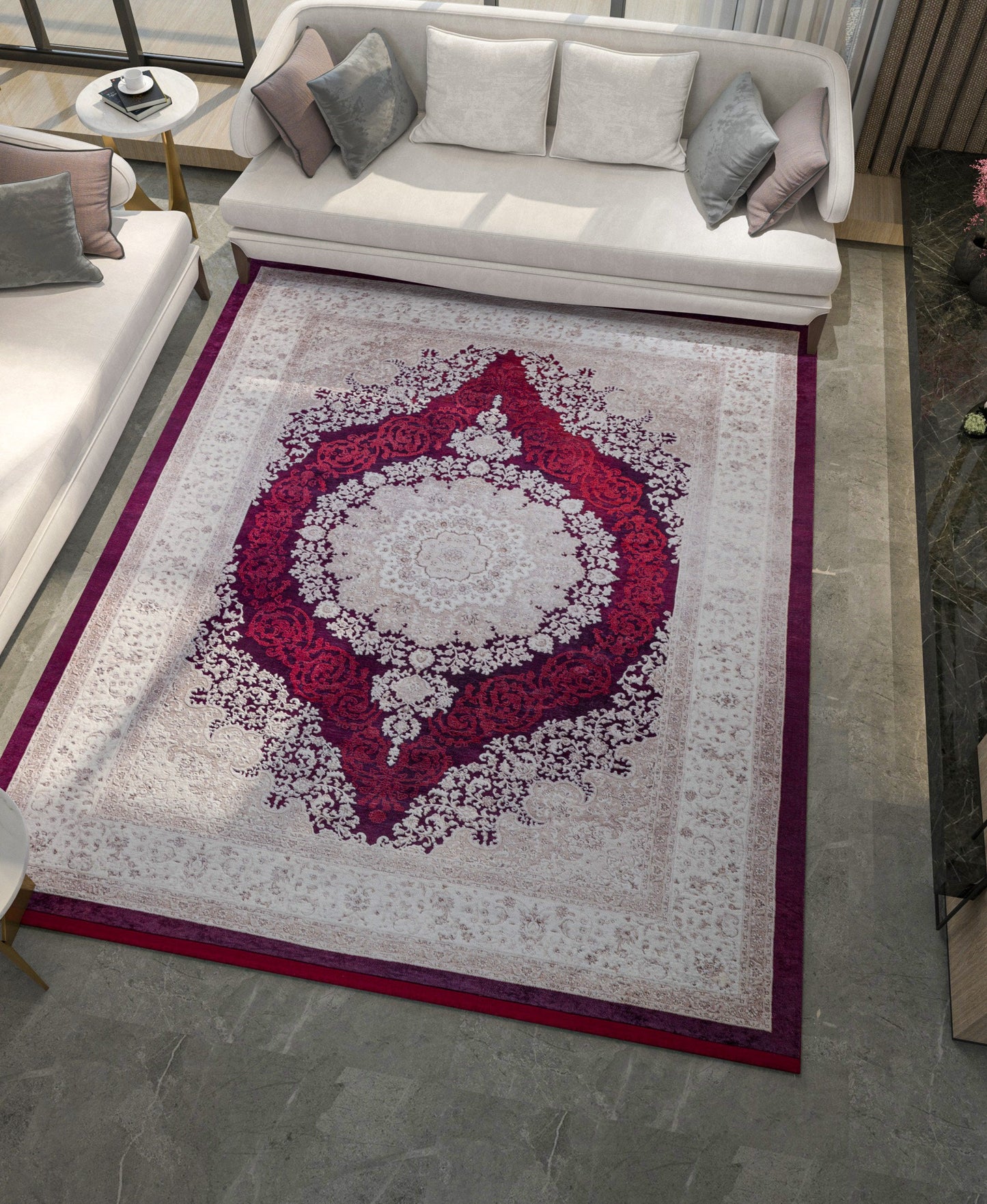 Washable Persian Medallion Rug – Burgundy Cream Distressed Traditional Carpet