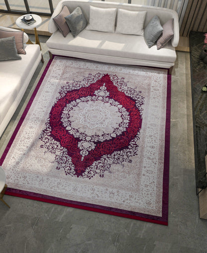 Washable Persian Medallion Rug – Burgundy Cream Distressed Traditional Carpet