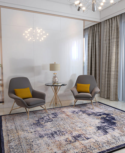 Distressed Persian Medallion Area Rug – Navy, Gold, Cream – Washable, Non-Slip Carpet