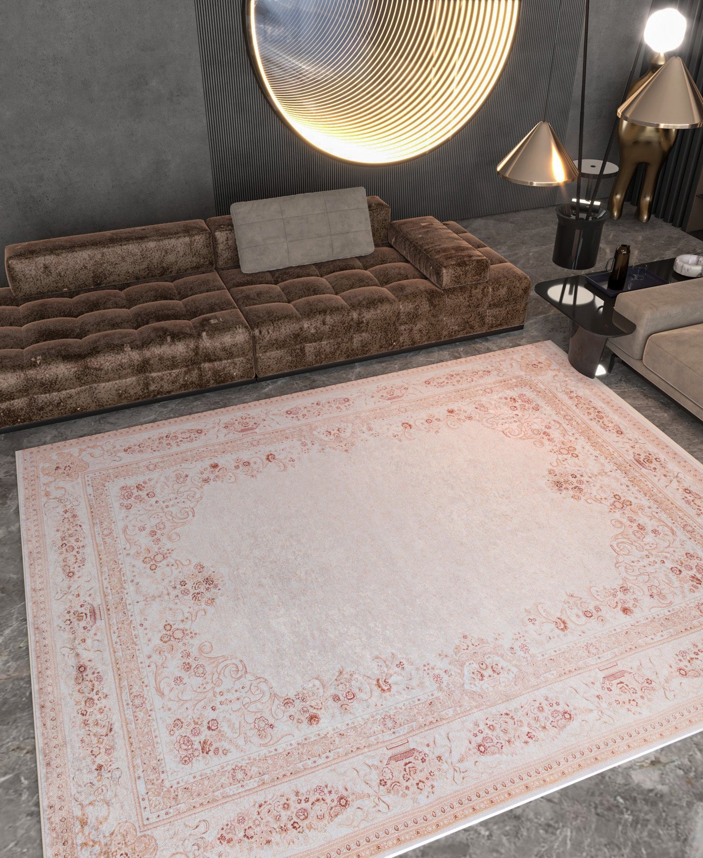 Blush Pink Vintage Floral Area Rug – Washable Traditional Carpet with Border