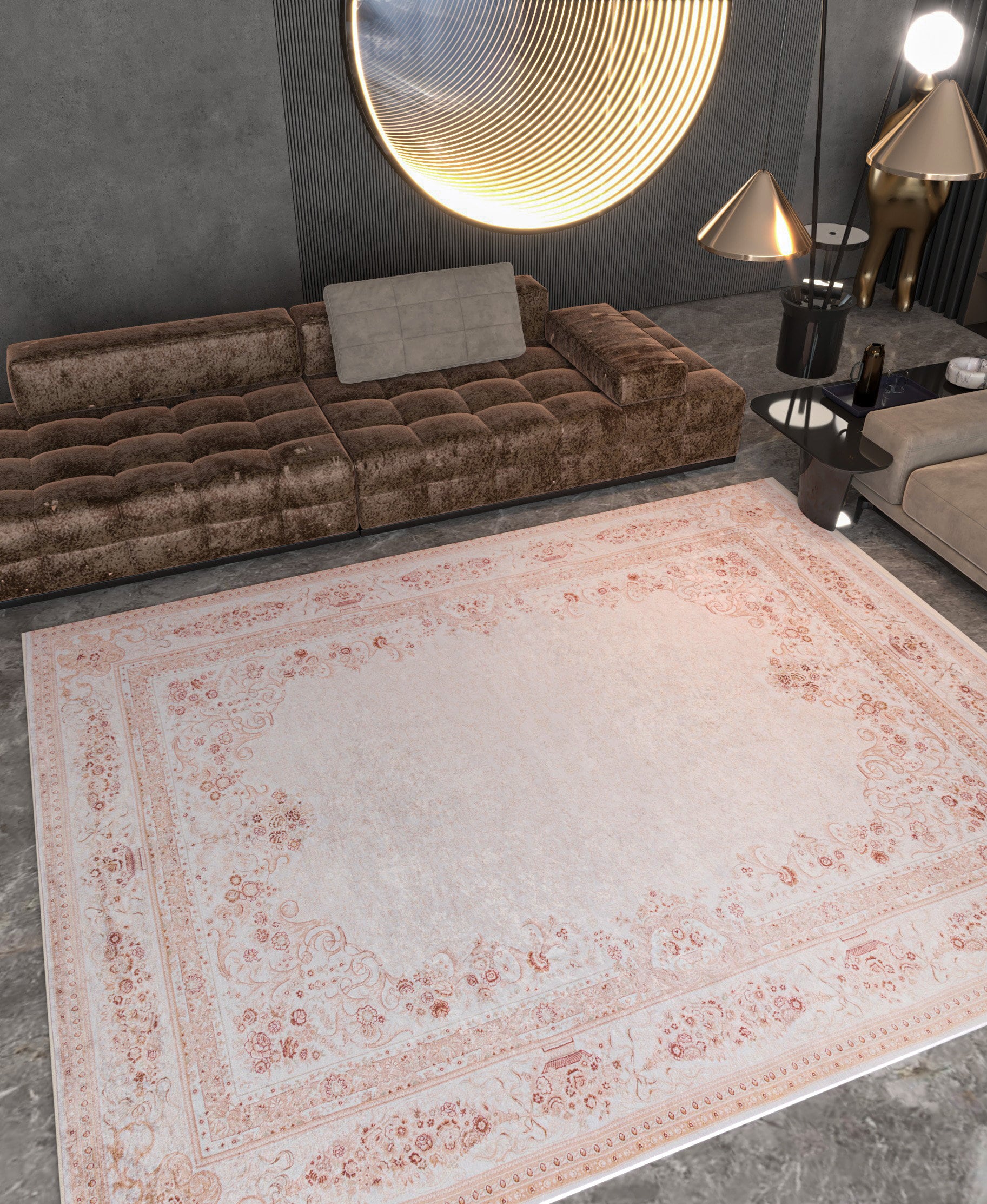 Blush Pink Vintage Floral Area Rug – Washable Traditional Carpet with Border
