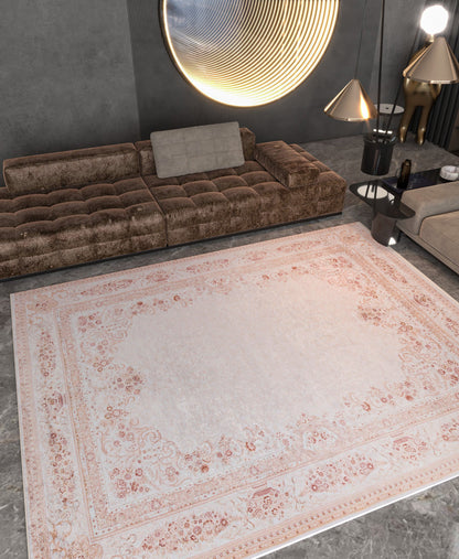 Blush Pink Vintage Floral Area Rug – Washable Traditional Carpet with Border