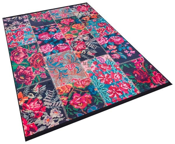 Floral Patchwork Area Rug – Boho Maximalist Pink Teal Flower Carpet, Non-Slip