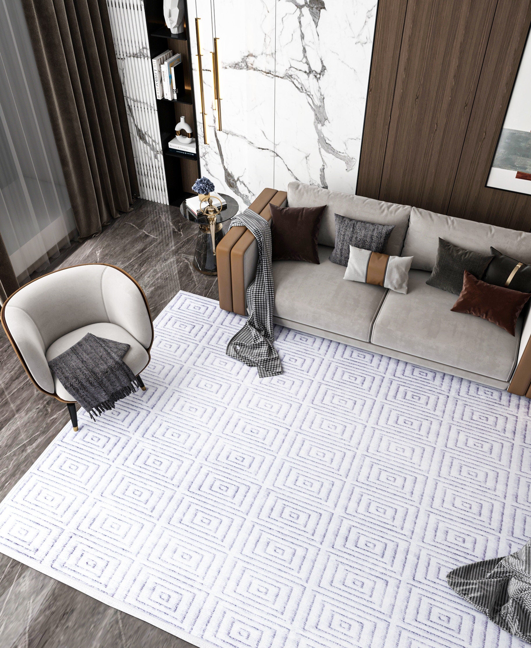 Washable Geometric Squares Area Rug, Modern Minimalist Low Pile Carpet