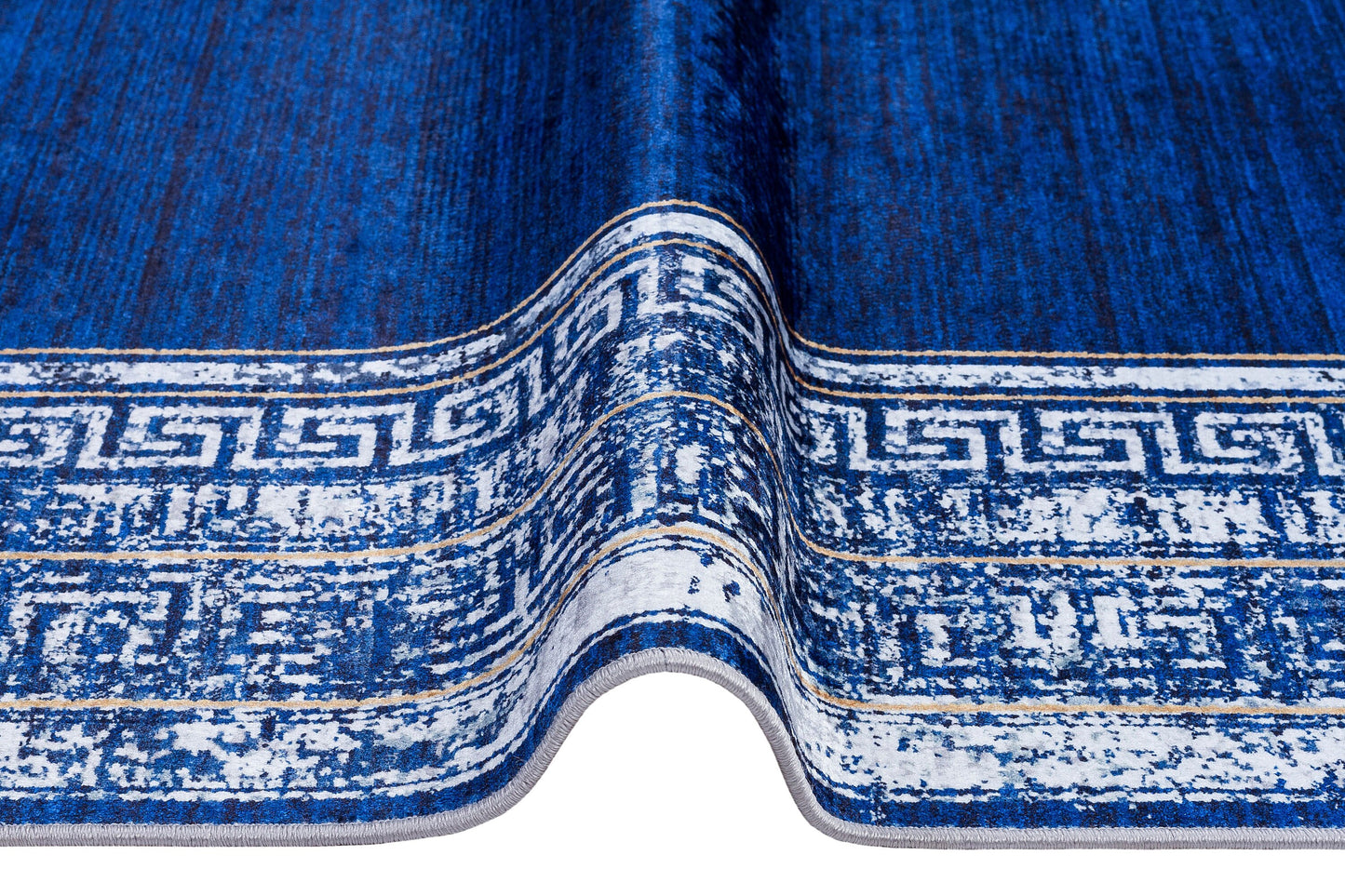 Navy Blue Greek Key Area Rug – Distressed Medallion Border Carpet, Boho Home Decor