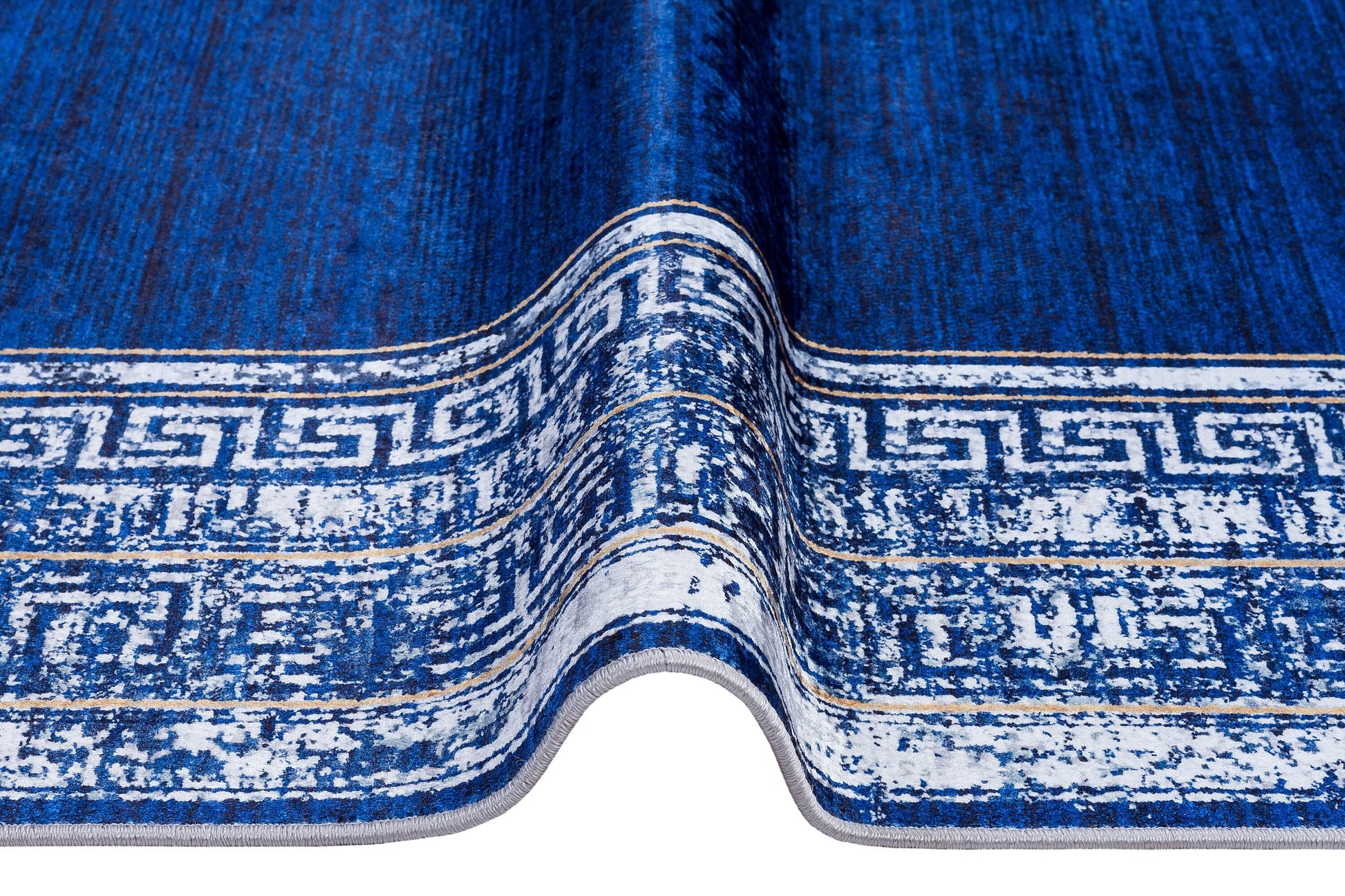 Navy Blue Greek Key Area Rug – Distressed Medallion Border Carpet, Boho Home Decor