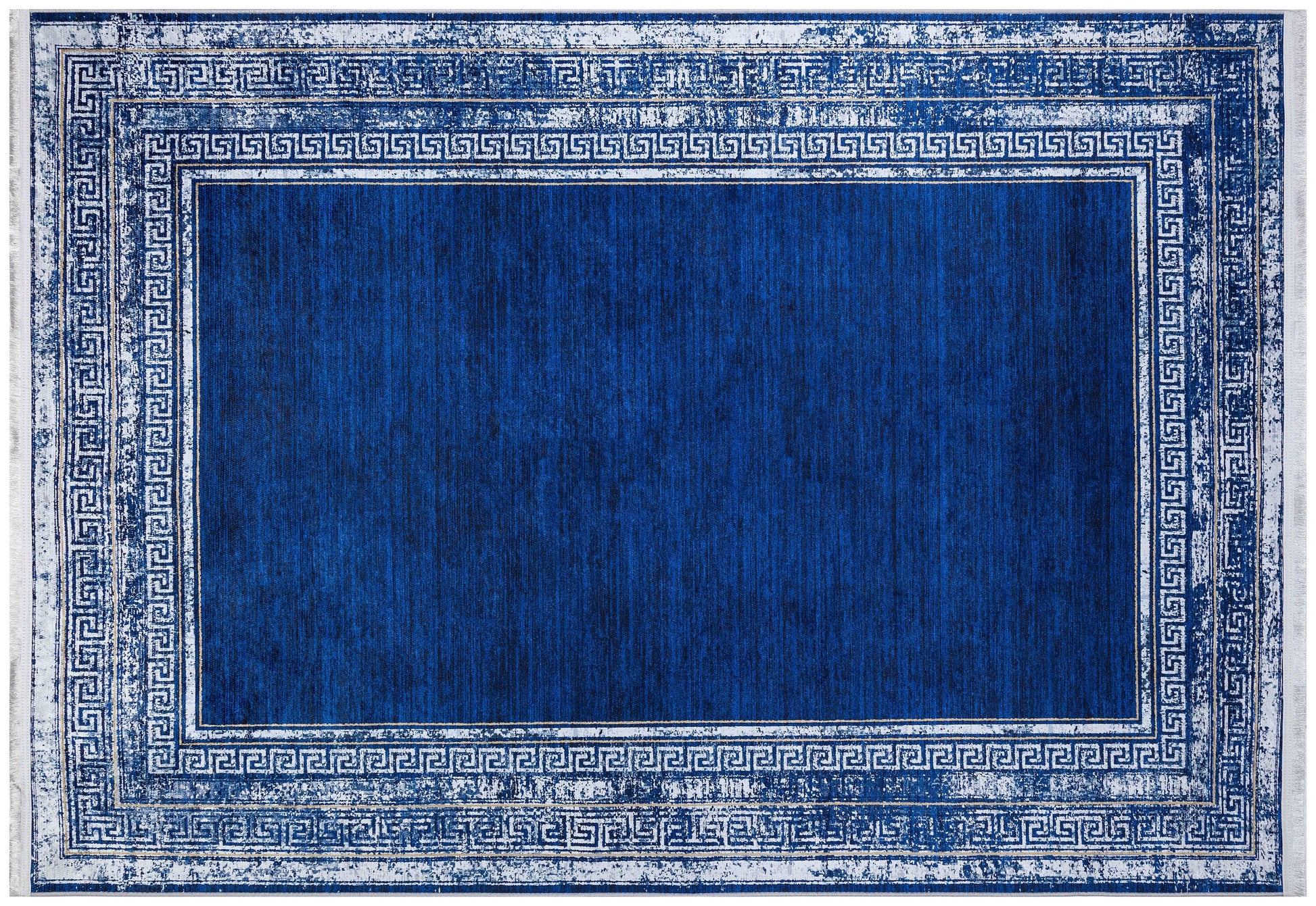 Navy Blue Greek Key Area Rug – Distressed Medallion Border Carpet, Boho Home Decor