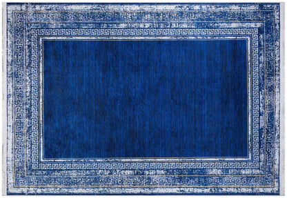 Navy Blue Greek Key Area Rug – Distressed Medallion Border Carpet, Boho Home Decor