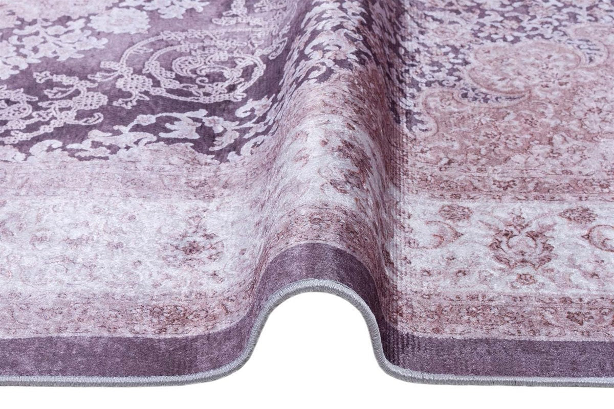 Washable Distressed Persian Medallion Rug – Dusty Mauve Lilac Boho Style