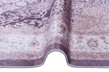 Washable Distressed Persian Medallion Rug – Dusty Mauve Lilac Boho Style