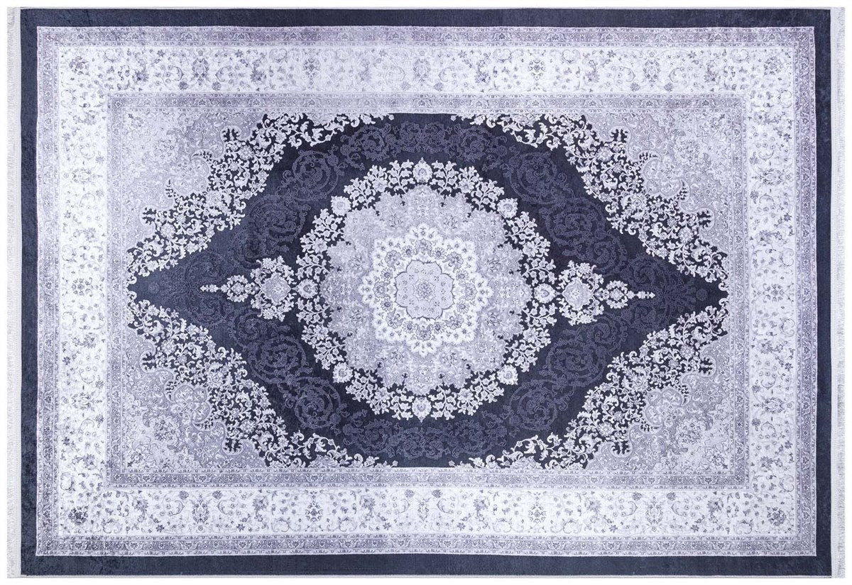 Machine Washable Persian Style Medallion Rug, Distressed Charcoal Grey Living Room Carpet