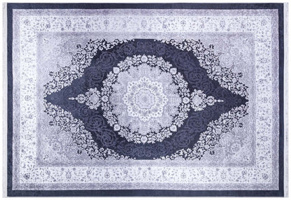 Machine Washable Persian Style Medallion Rug, Distressed Charcoal Grey Living Room Carpet