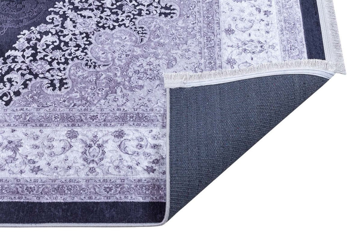 Machine Washable Persian Style Medallion Rug, Distressed Charcoal Grey Living Room Carpet
