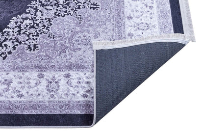 Machine Washable Persian Style Medallion Rug, Distressed Charcoal Grey Living Room Carpet