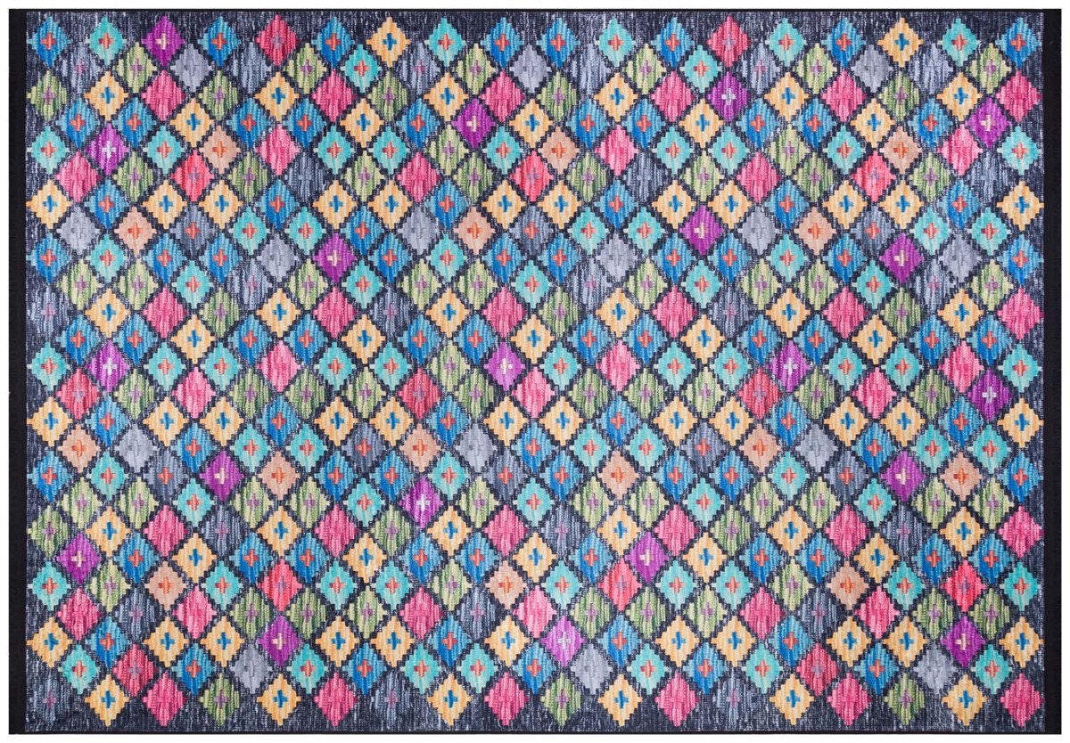 Washable Geometric Diamond Area Rug – Vibrant Boho Flatweave Carpet