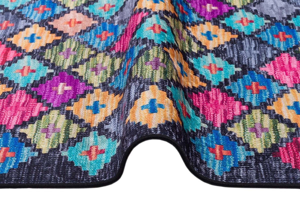 Washable Geometric Diamond Area Rug – Vibrant Boho Flatweave Carpet