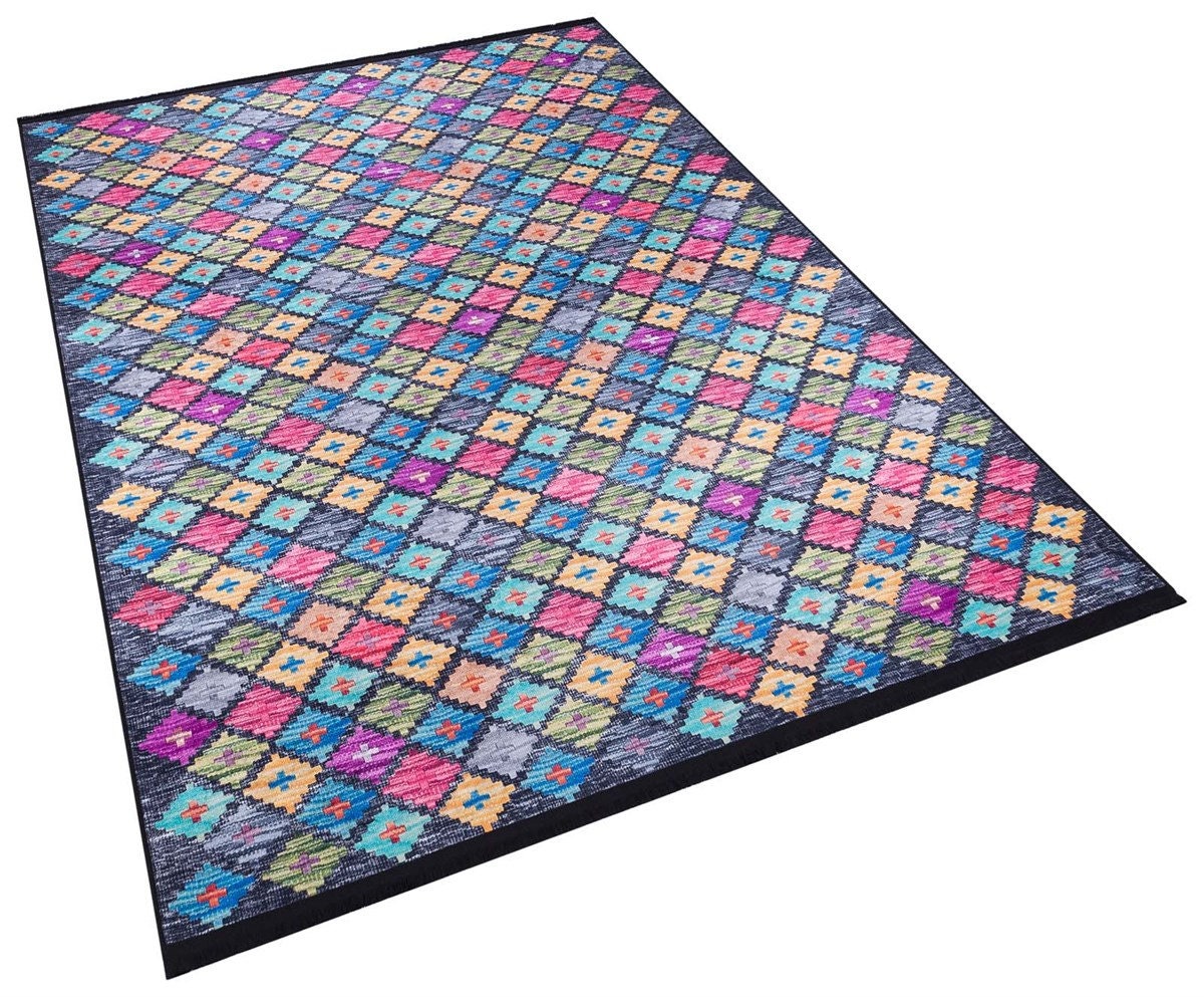 Washable Geometric Diamond Area Rug – Vibrant Boho Flatweave Carpet