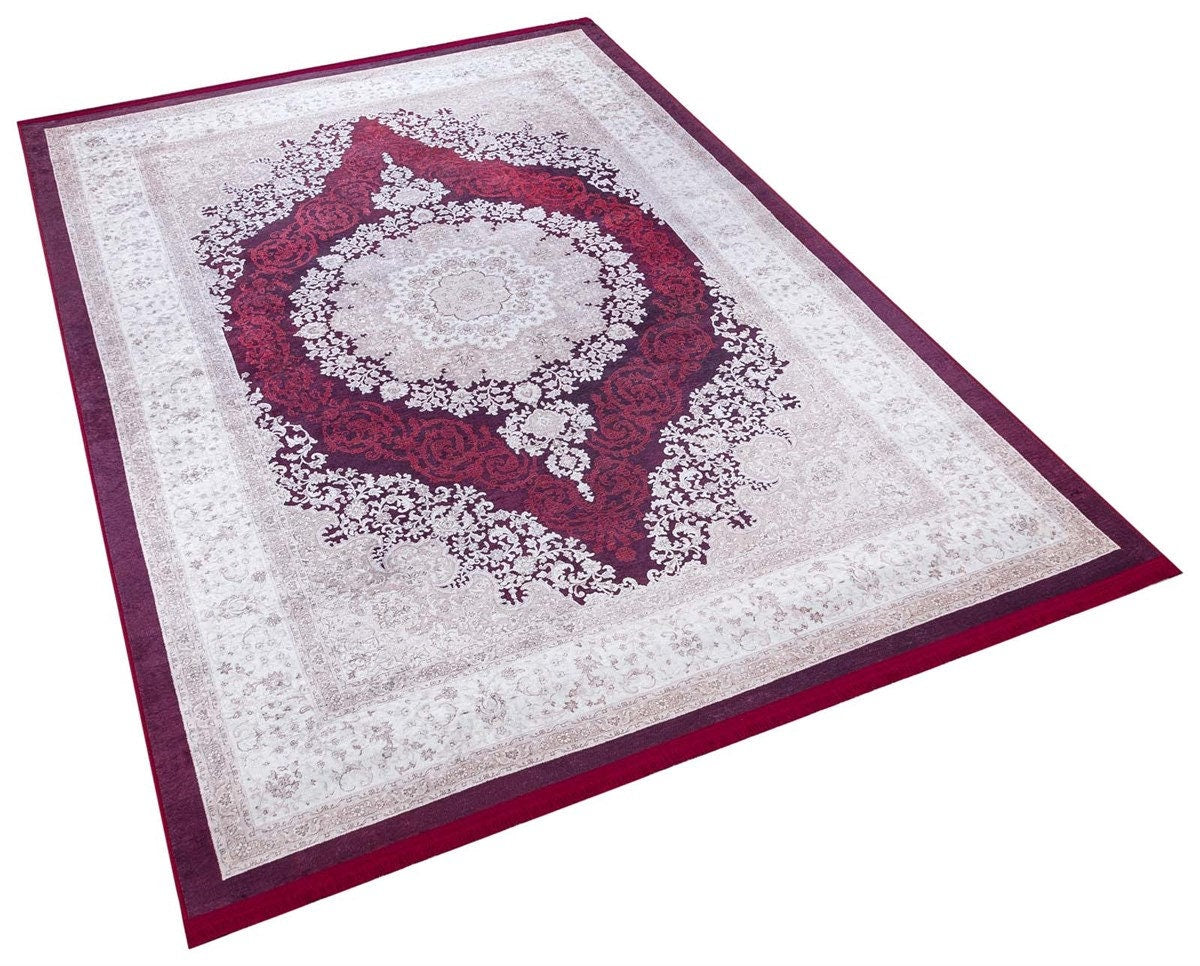 Washable Persian Medallion Rug – Burgundy Cream Distressed Traditional Carpet