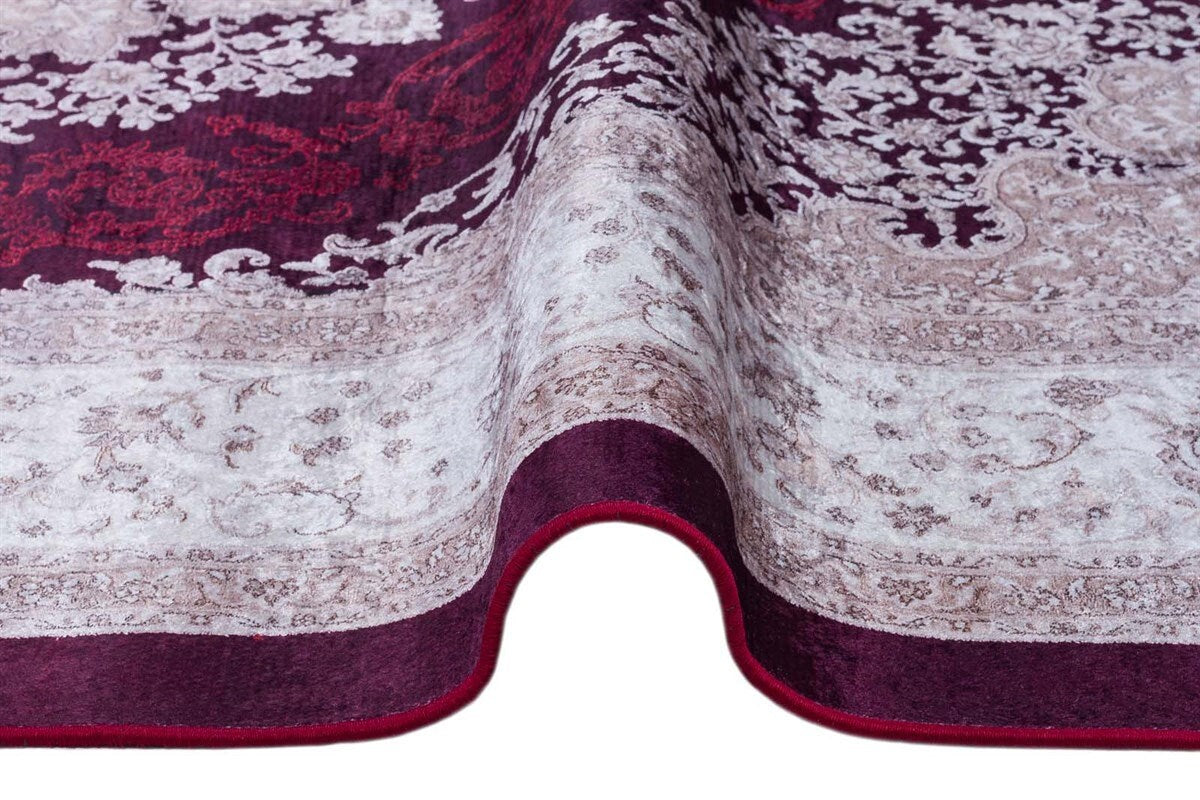 Washable Persian Medallion Rug – Burgundy Cream Distressed Traditional Carpet