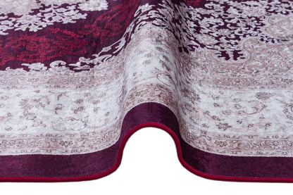 Washable Persian Medallion Rug – Burgundy Cream Distressed Traditional Carpet