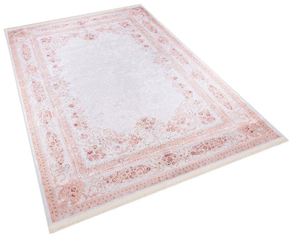 Blush Pink Vintage Floral Area Rug – Washable Traditional Carpet with Border